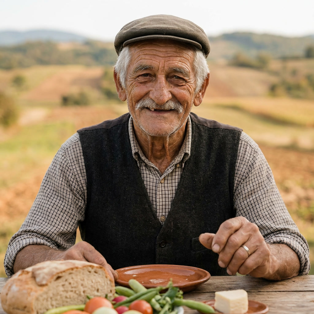Dida Slavko za stolom s kruhom i povrćem
